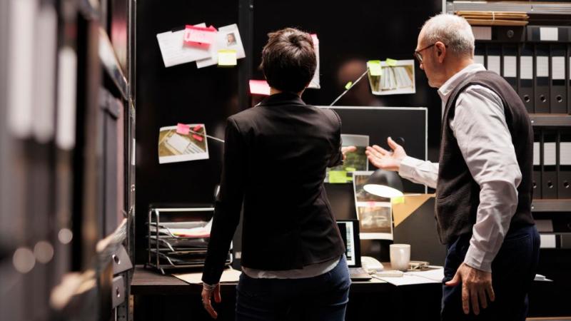two people standing looking at evidence